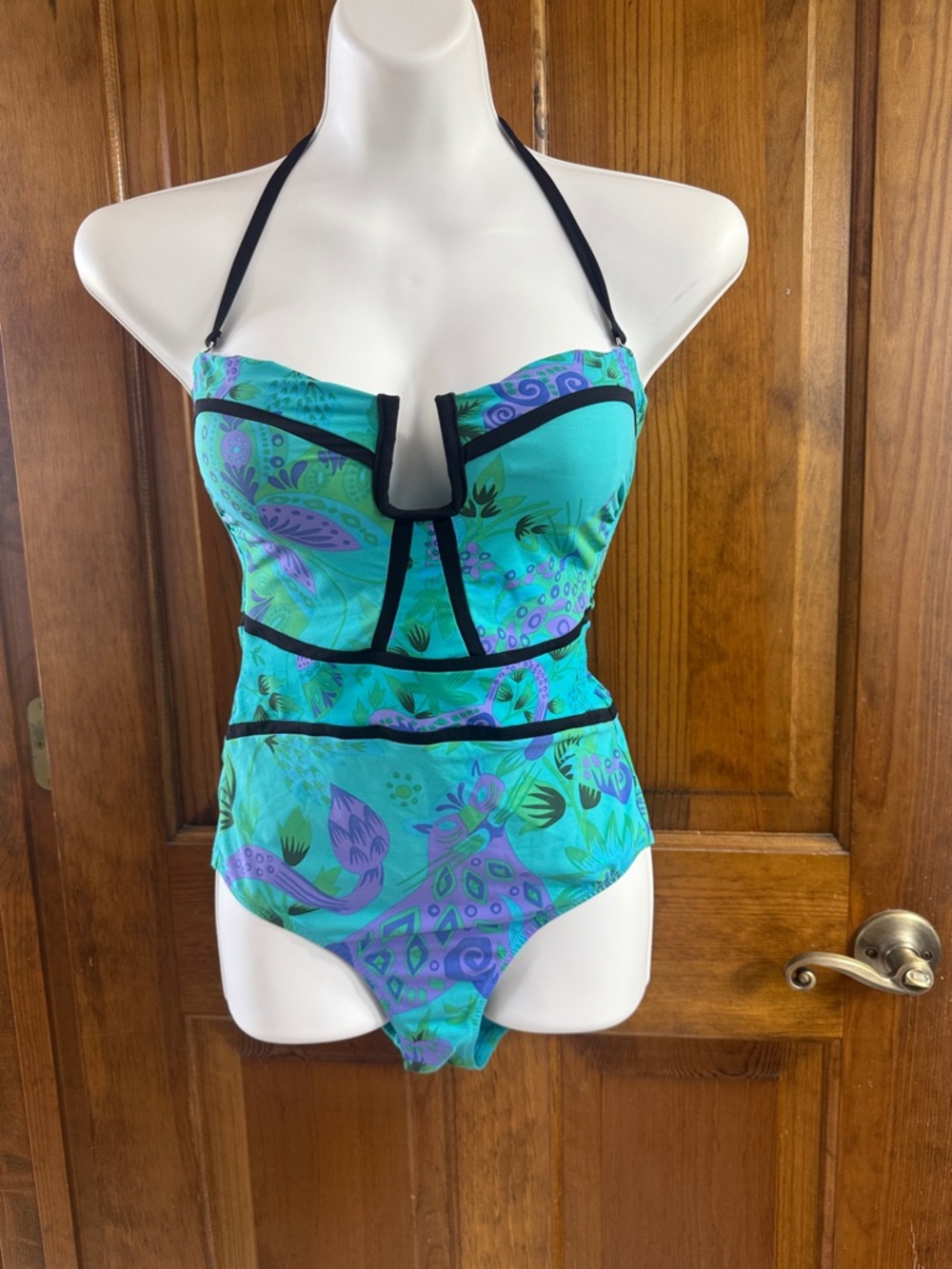 Nanette Lepore Teal and Purple One-Piece Swimsuit with Black Trim